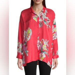 Johnny Was Passion Iris Floral Print Silk Blouse sz L